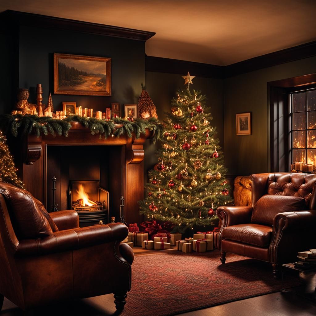 Cozy Winter Living Room with Leather Furniture and Christmas...