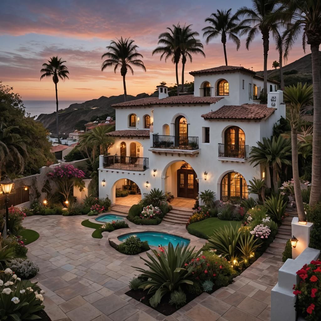 Spanish Home Overlooking Pacific Ocean at Dusk