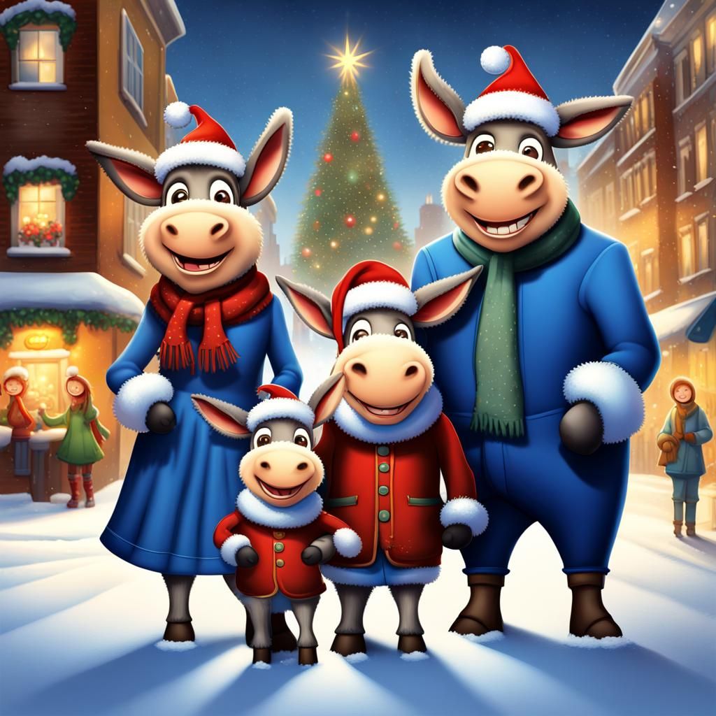 Festive Donkey Family Celebrates Christmas in the City