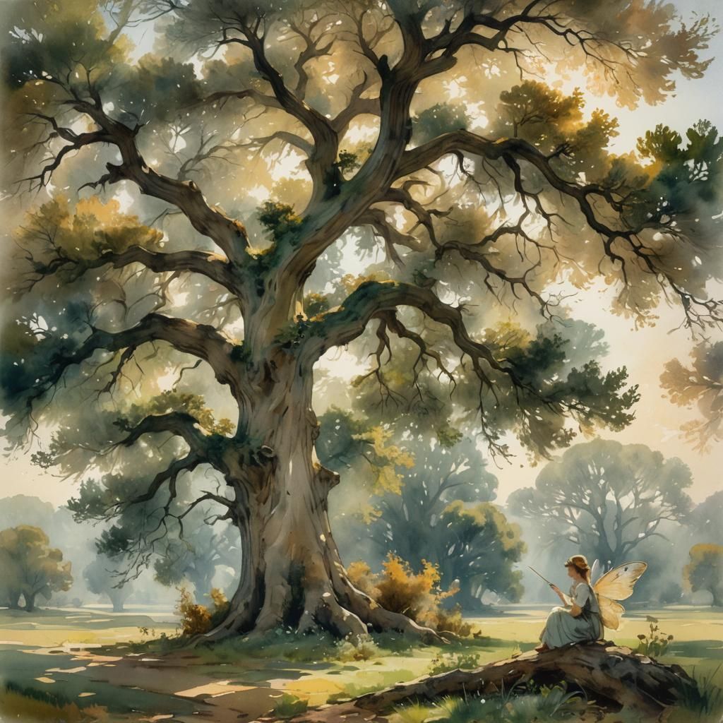 Fairy and Giant Oak in Impressionistic Watercolor