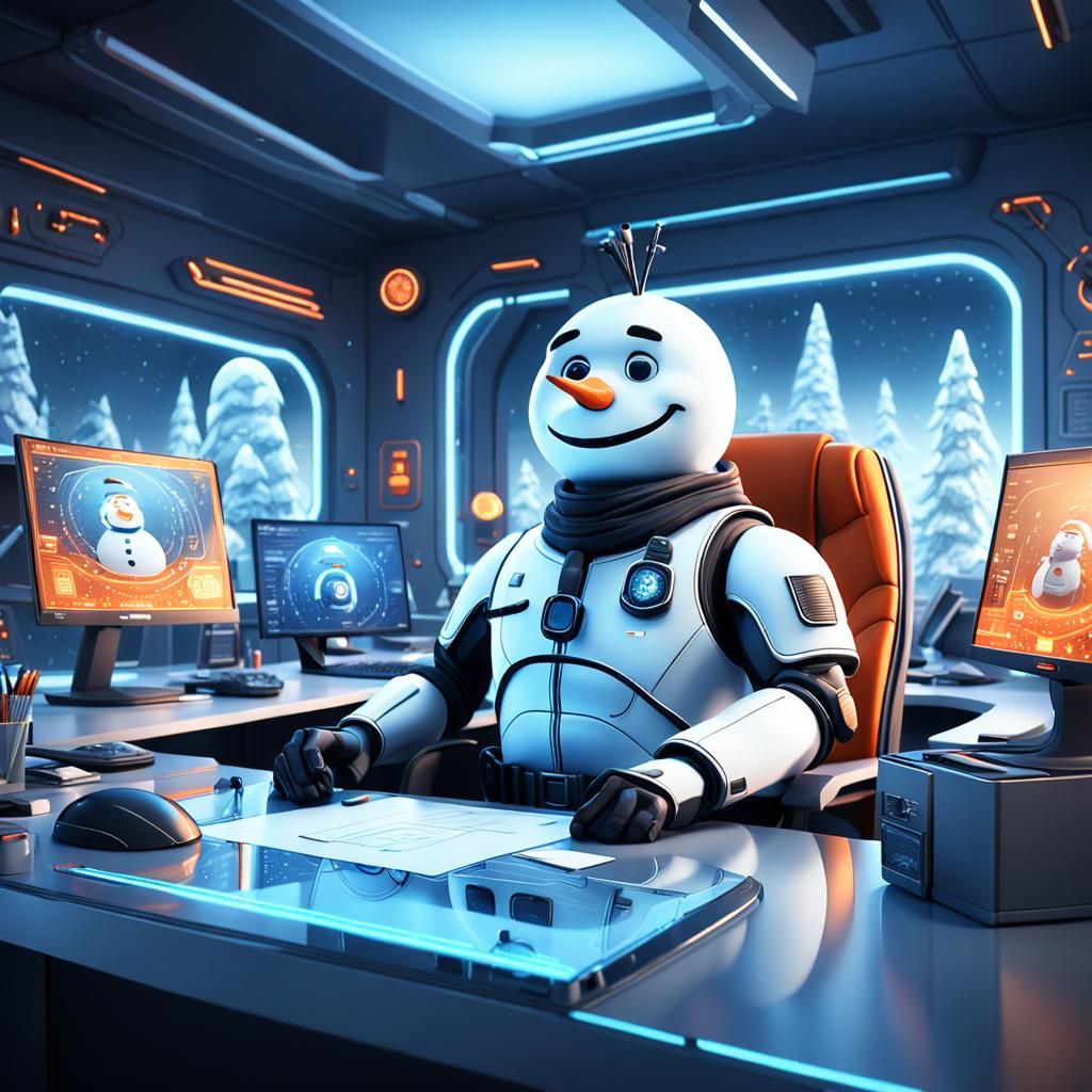 Cartoon Snowman Security Guard in Futuristic Office