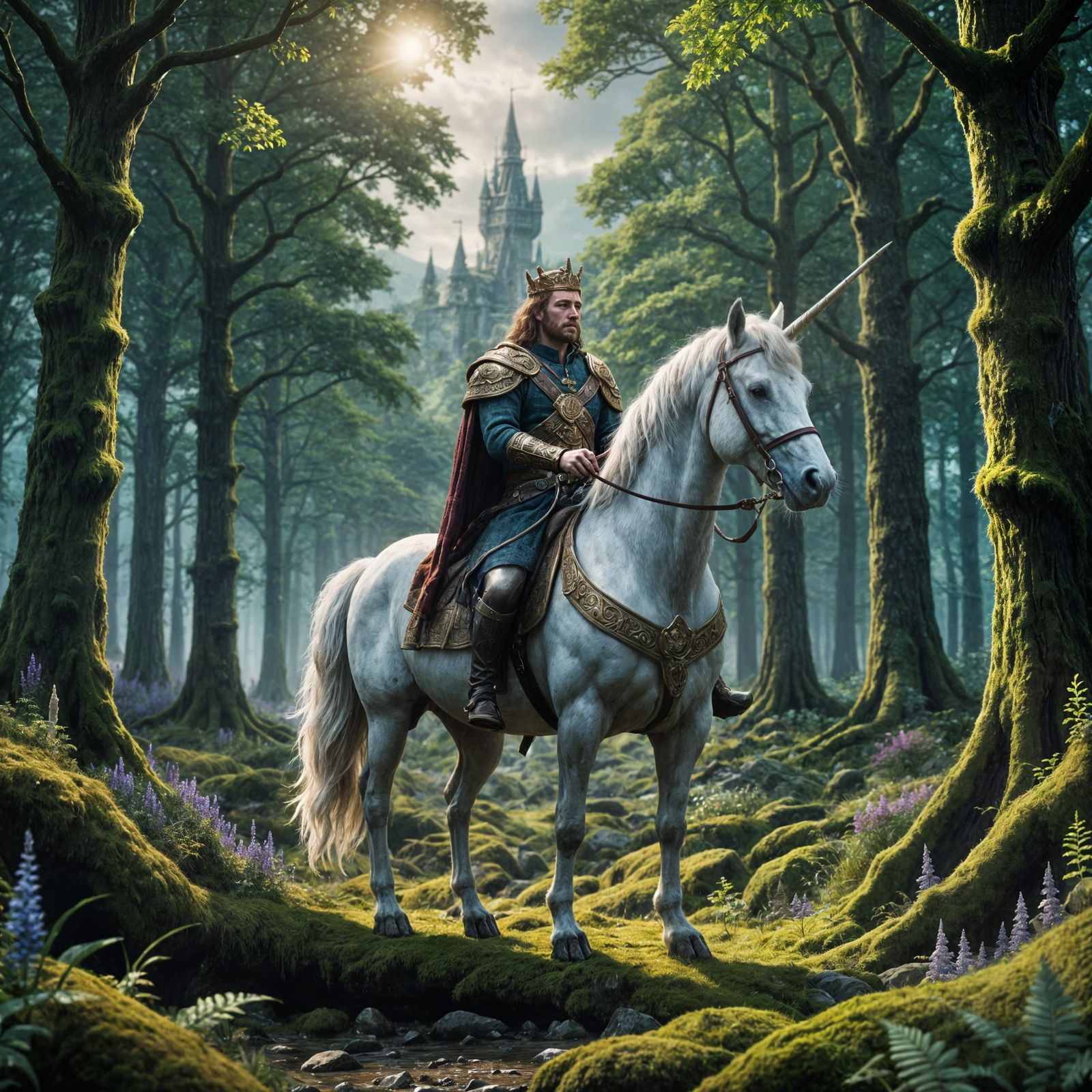 Scottish King and Unicorn in Fantasy Forest