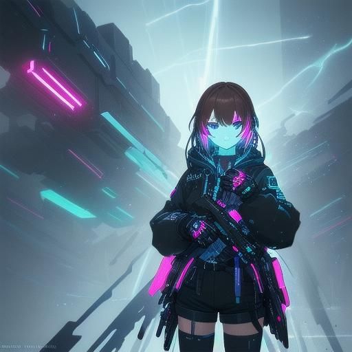 Cyberpunk Girl in Neon Snowfall