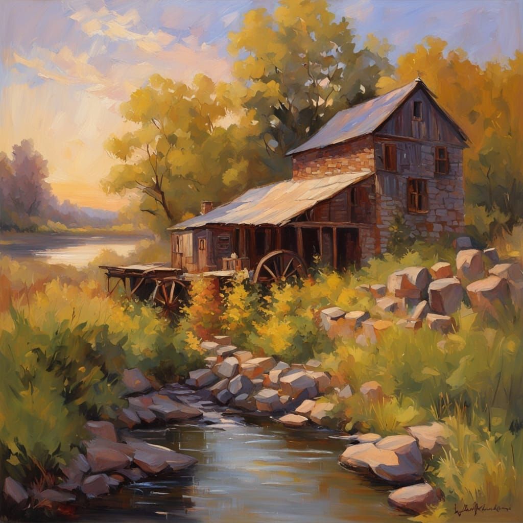Impressionist Masterpiece of a Rustic Mill at Sunset