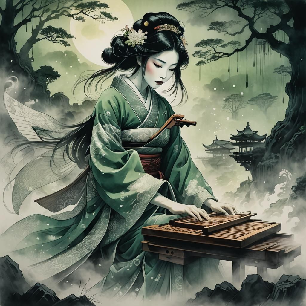 Ethereal Geisha Koto Player in Dark Anime Style
