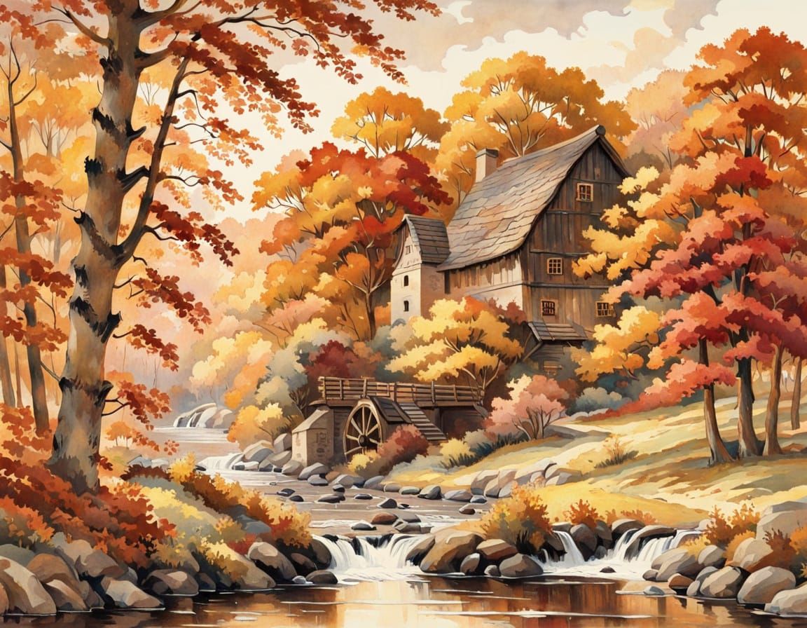 Autumn Watermill Landscape in Watercolour