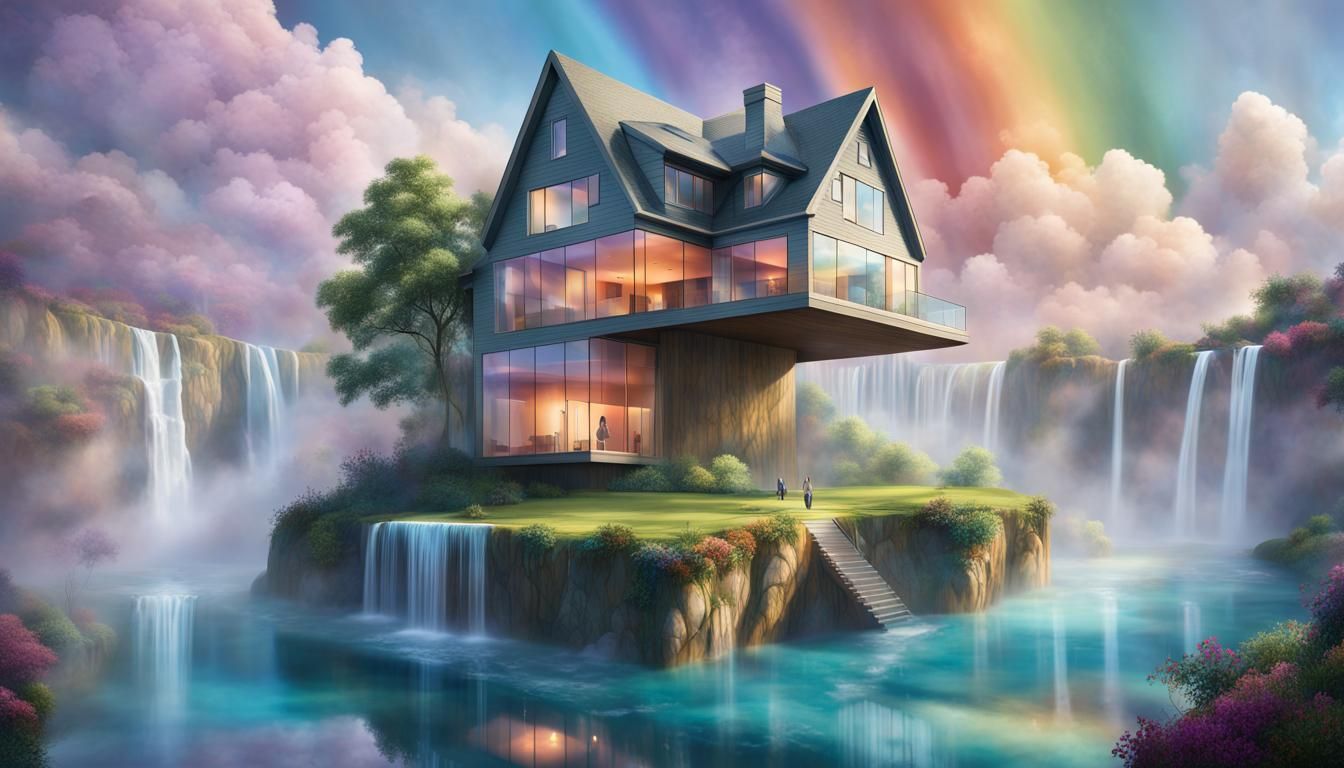 Floating Crystalline House in Dreamy Cloudscape