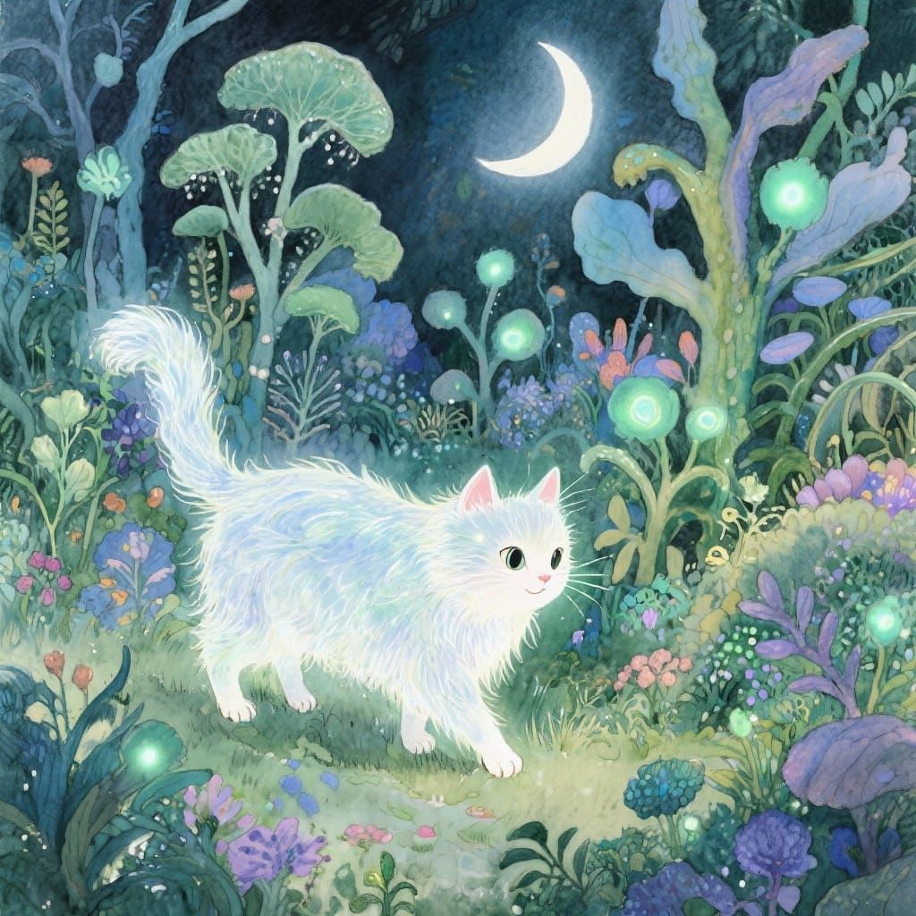 Ethereal Cat in Bioluminescent Enchanted Garden
