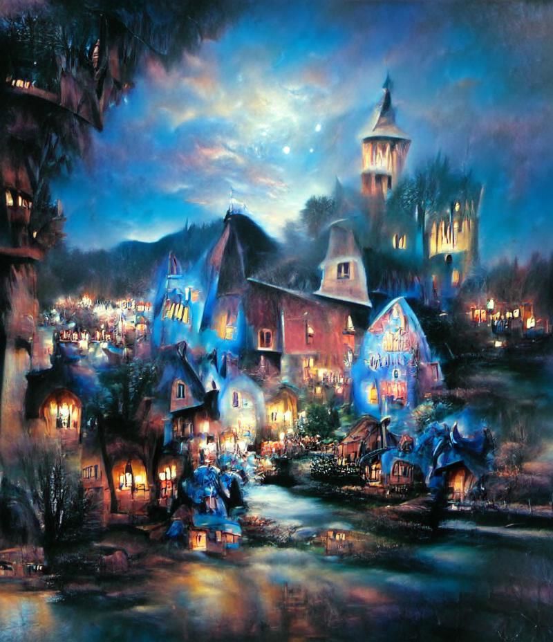 Medieval Village at Night: Oil Painting