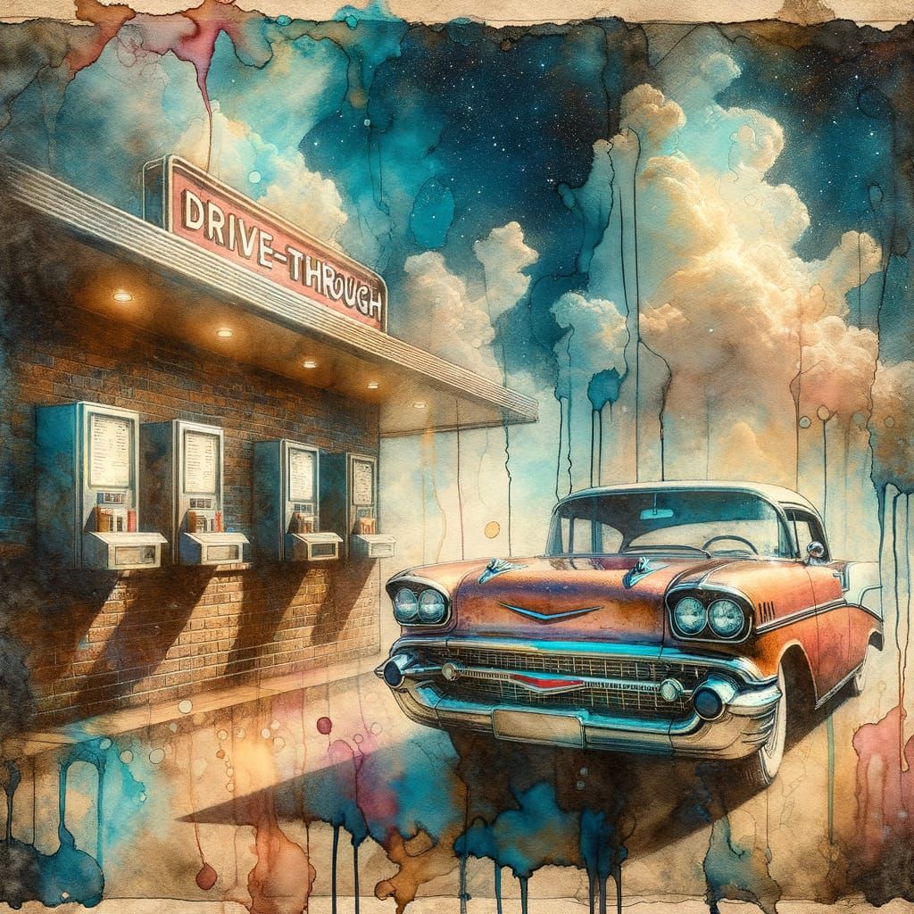 Vintage Car at Retro Cafe: Surreal Mixed Media Art