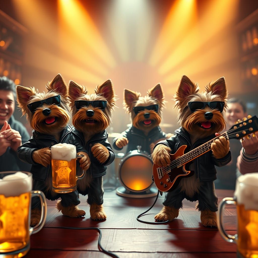 Yorkshire Terriers Rock Band in Whimsical Pub Scene