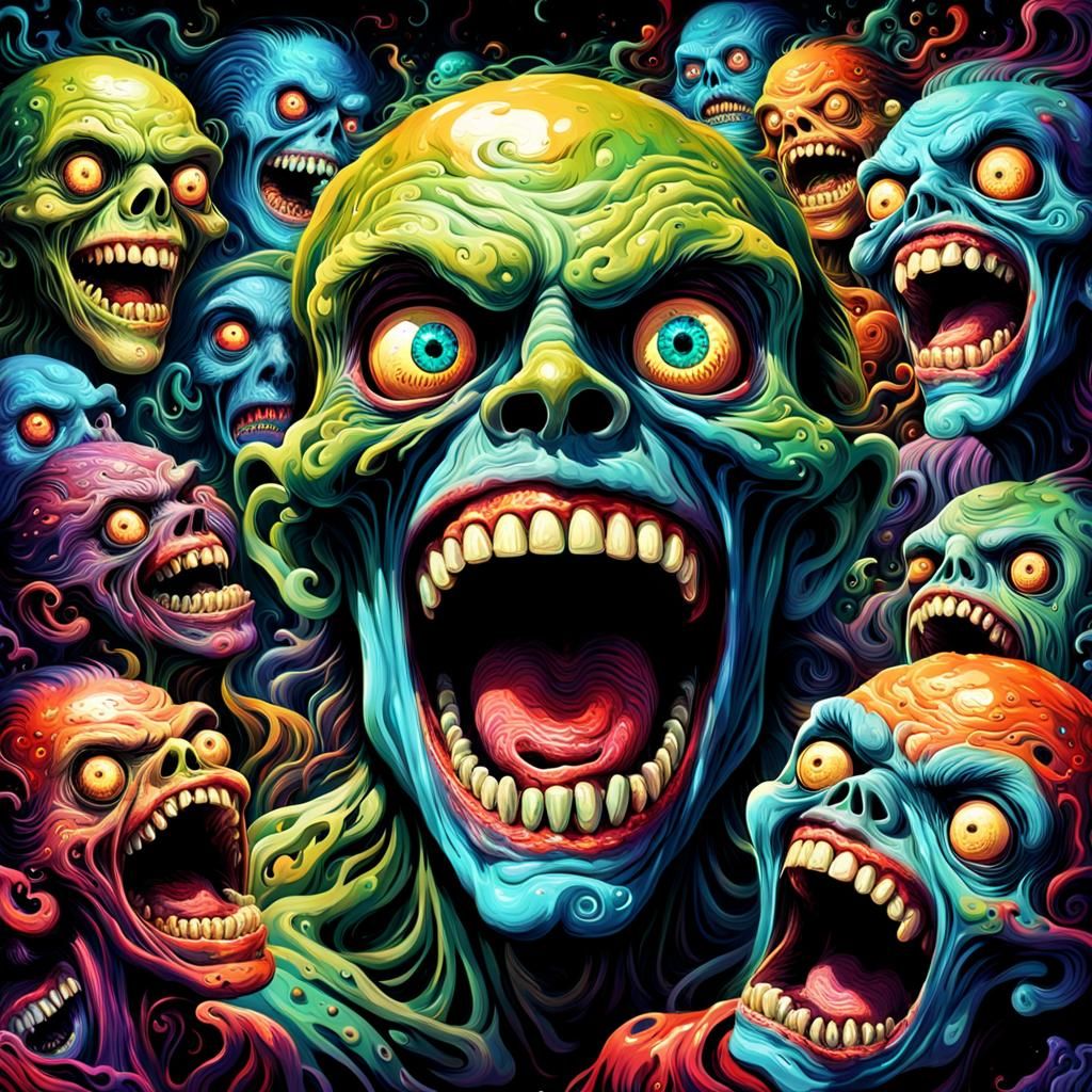 Colorful Faces with Teeth in Psychedelic Digital Art