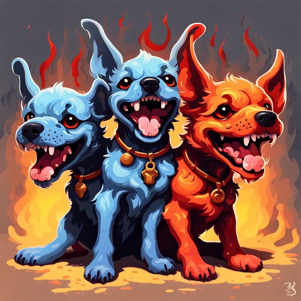 Cerberus as a Cute Puppy in Cheerful Painting