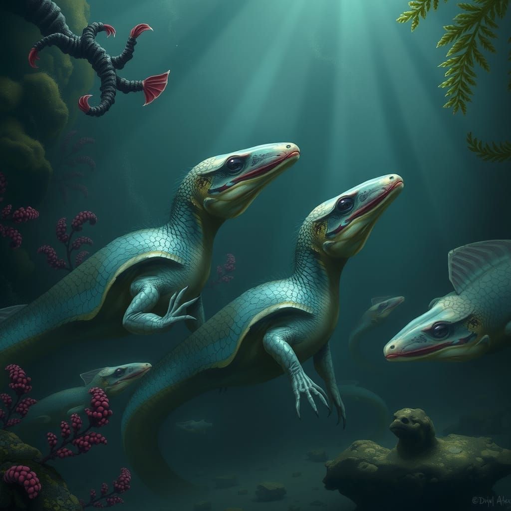 Iridescent Ichthyosaurs in Dreamy Underwater Scene