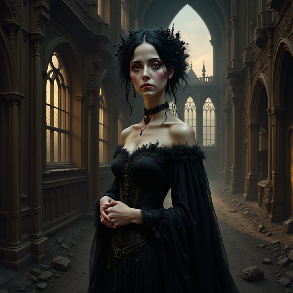Gothic Woman in Ruined Cathedral at Twilight