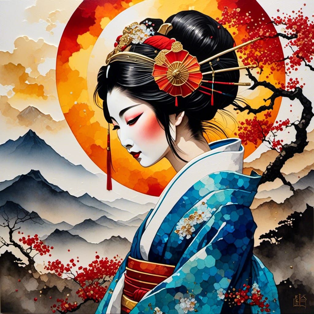 Geisha in Sunlight: Textured Watercolor Art