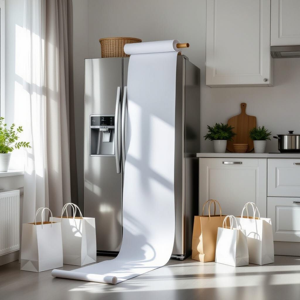 Sleek Grey Fridge-Freezer With Unfurling Scroll