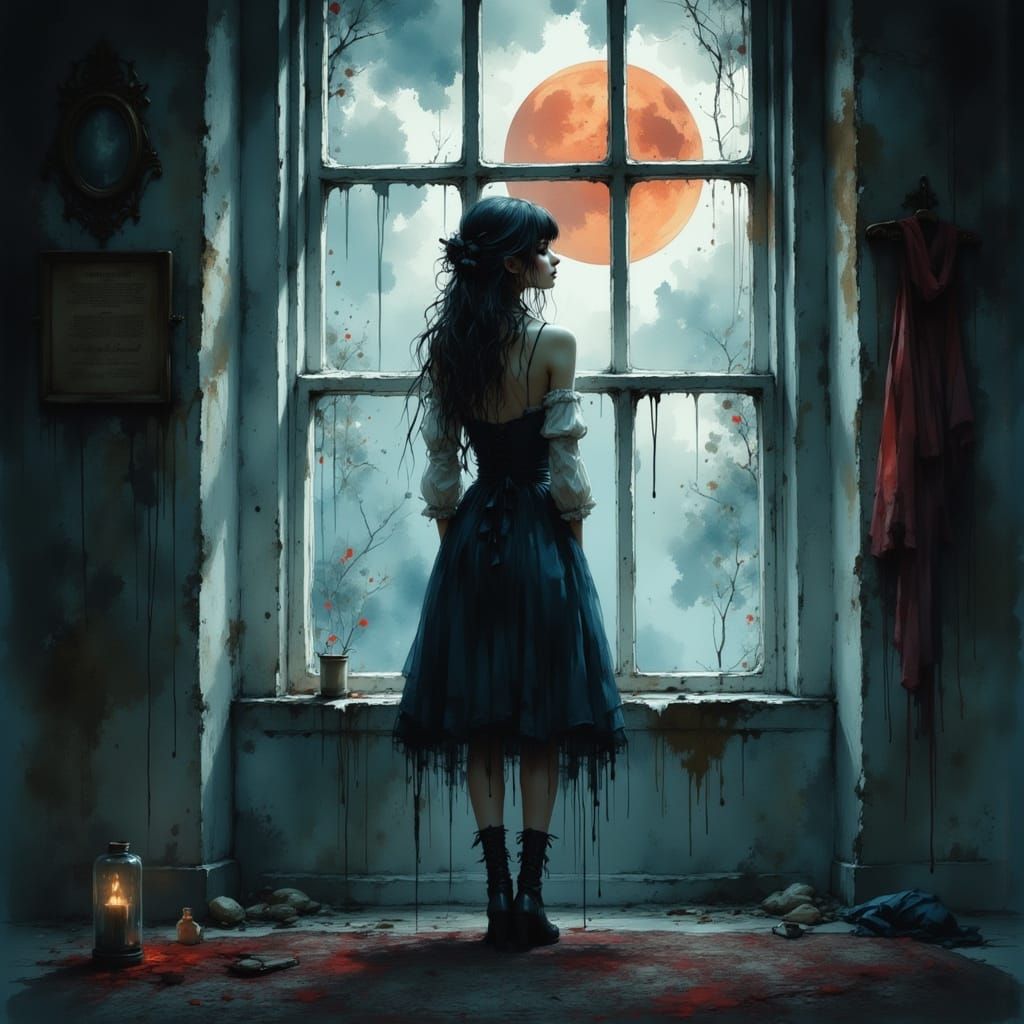 Gothic Woman in Eerie Bedroom, in Burtonesque Style