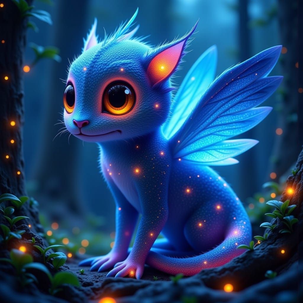 Fantastical Creature in Bioluminescent Forest