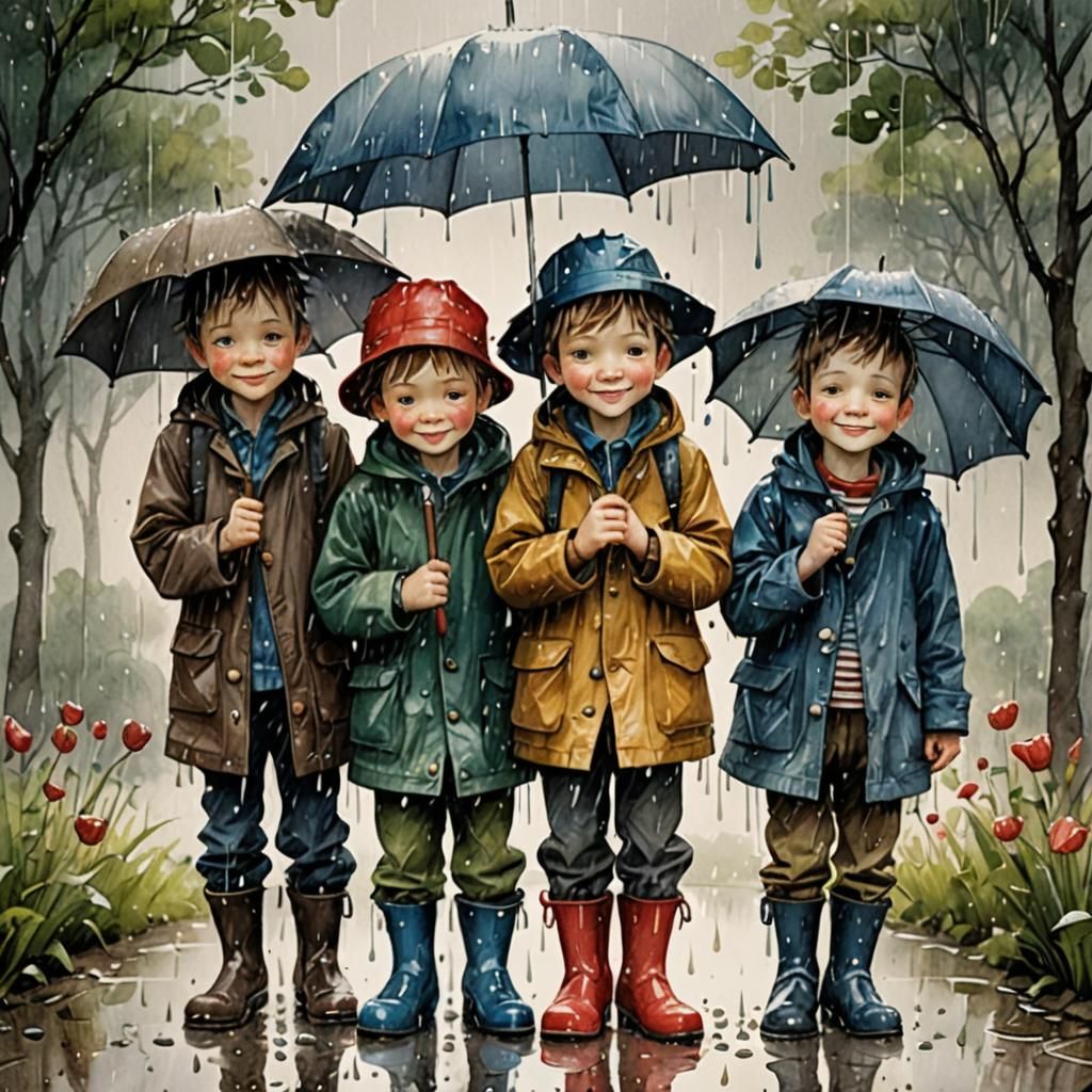 Boys in Rain: Whimsical Watercolor Illustration