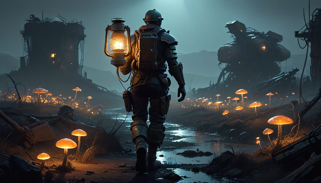 Wasteland Wanderer with Bioluminescent Lantern