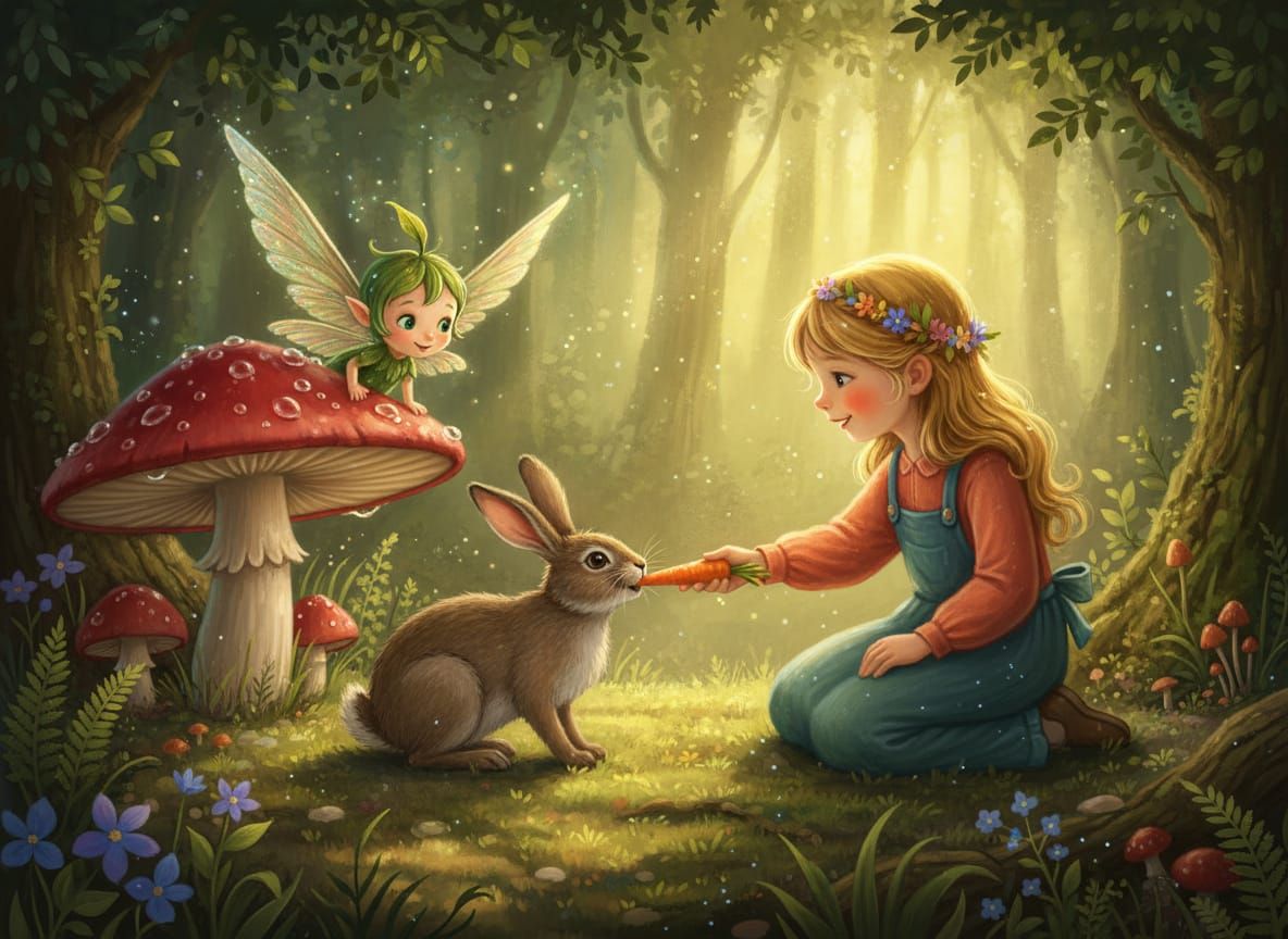 Forest Spirit Observes Child Sharing Carrot with Rabbit