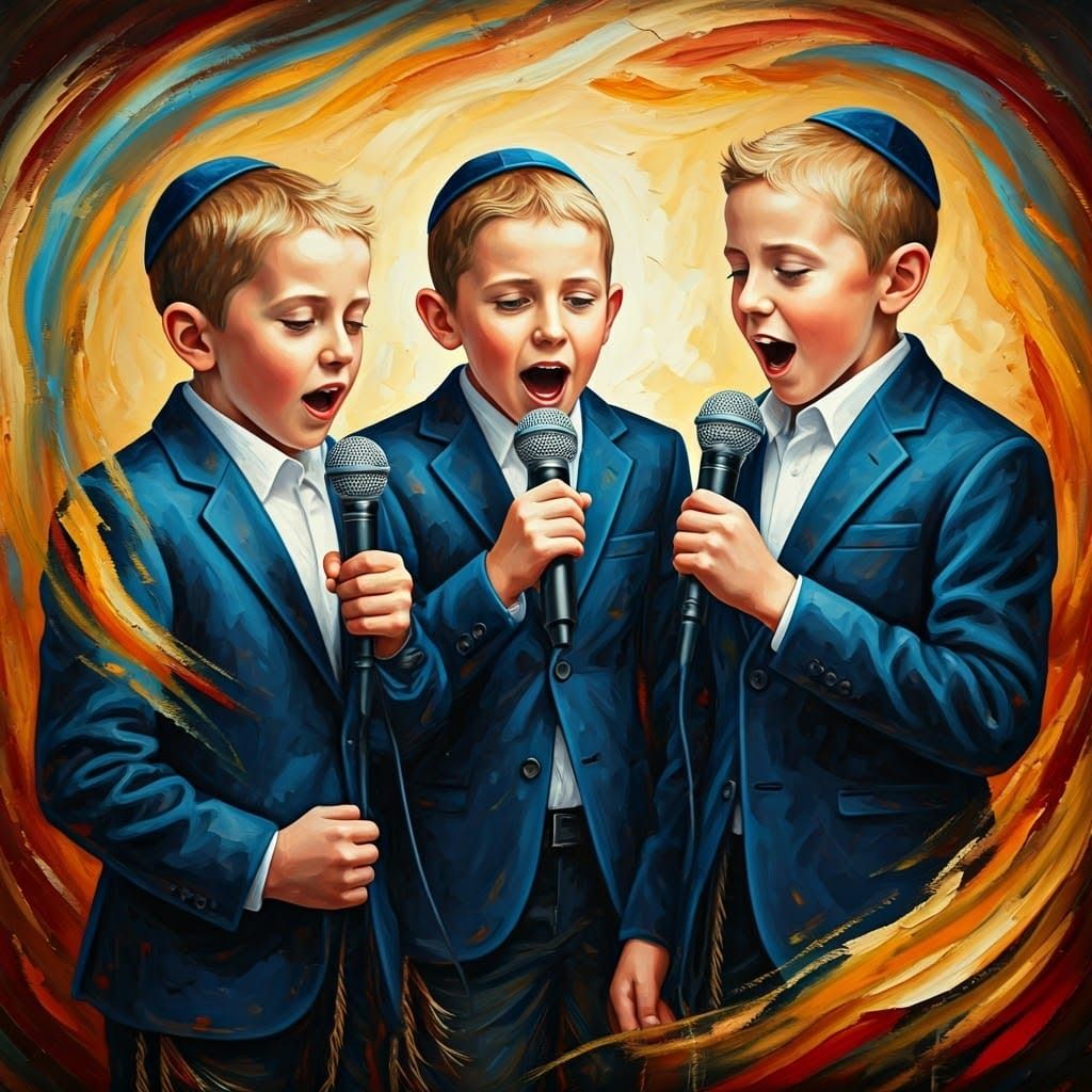 Joyful Hasidic Children Singing with Musical Notes