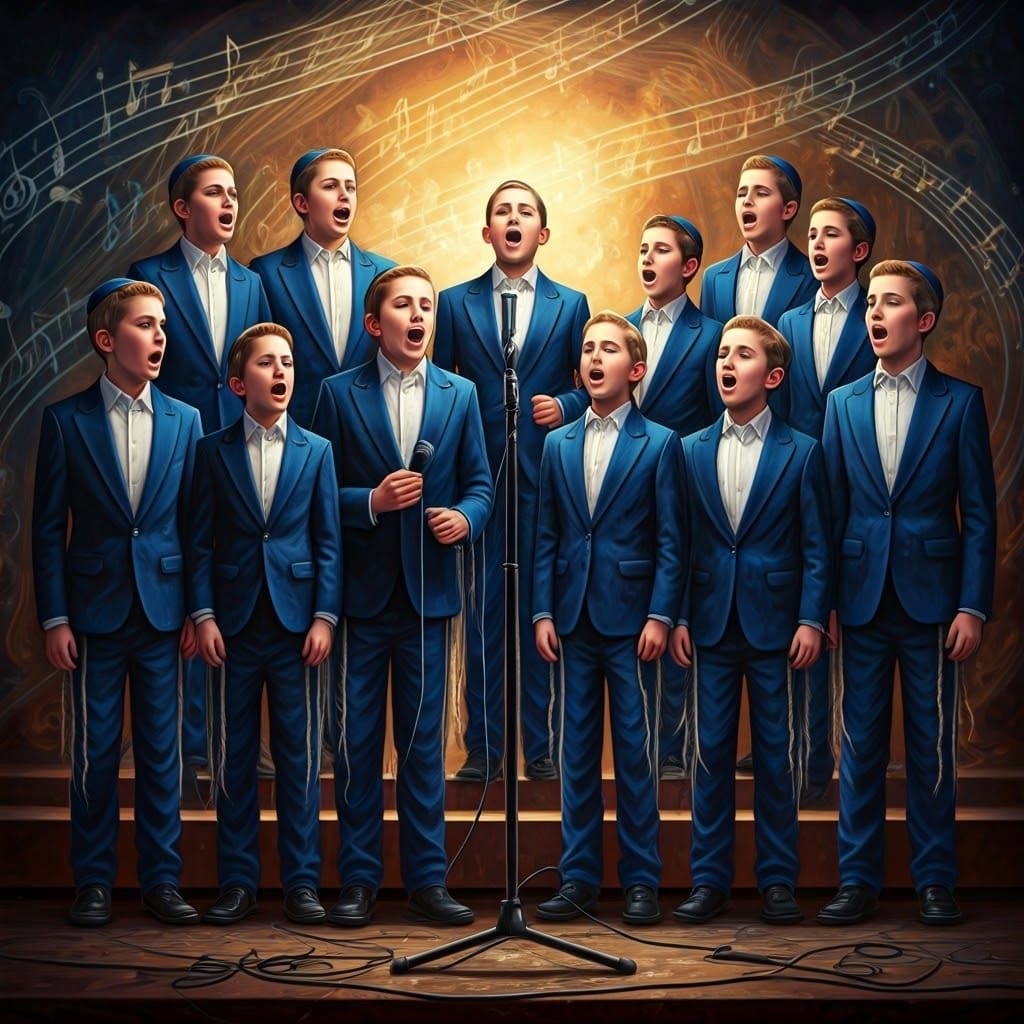 Joyful Hasidic Children Singing with Musical Notes