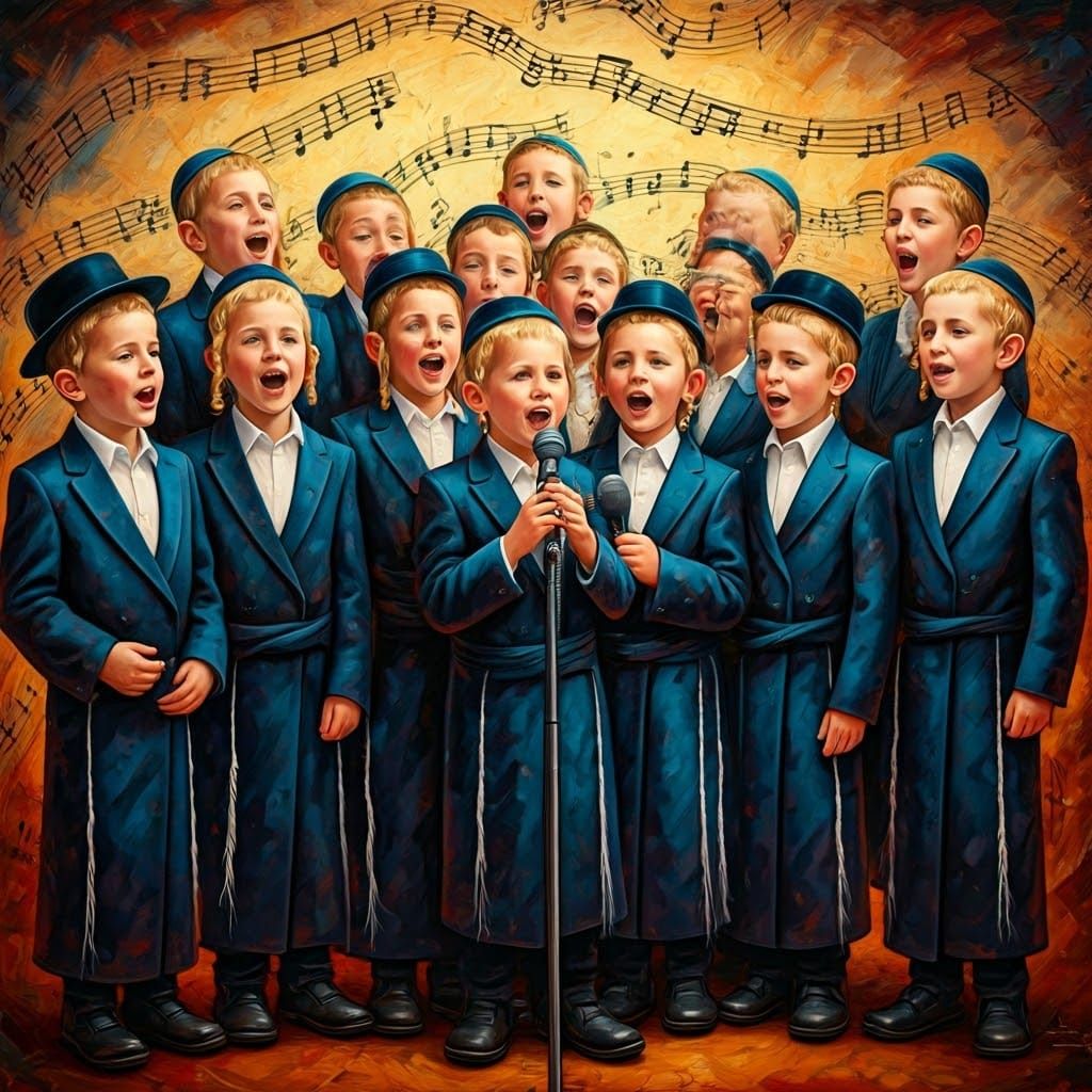 Joyful Hasidic Children Singing with Musical Notes