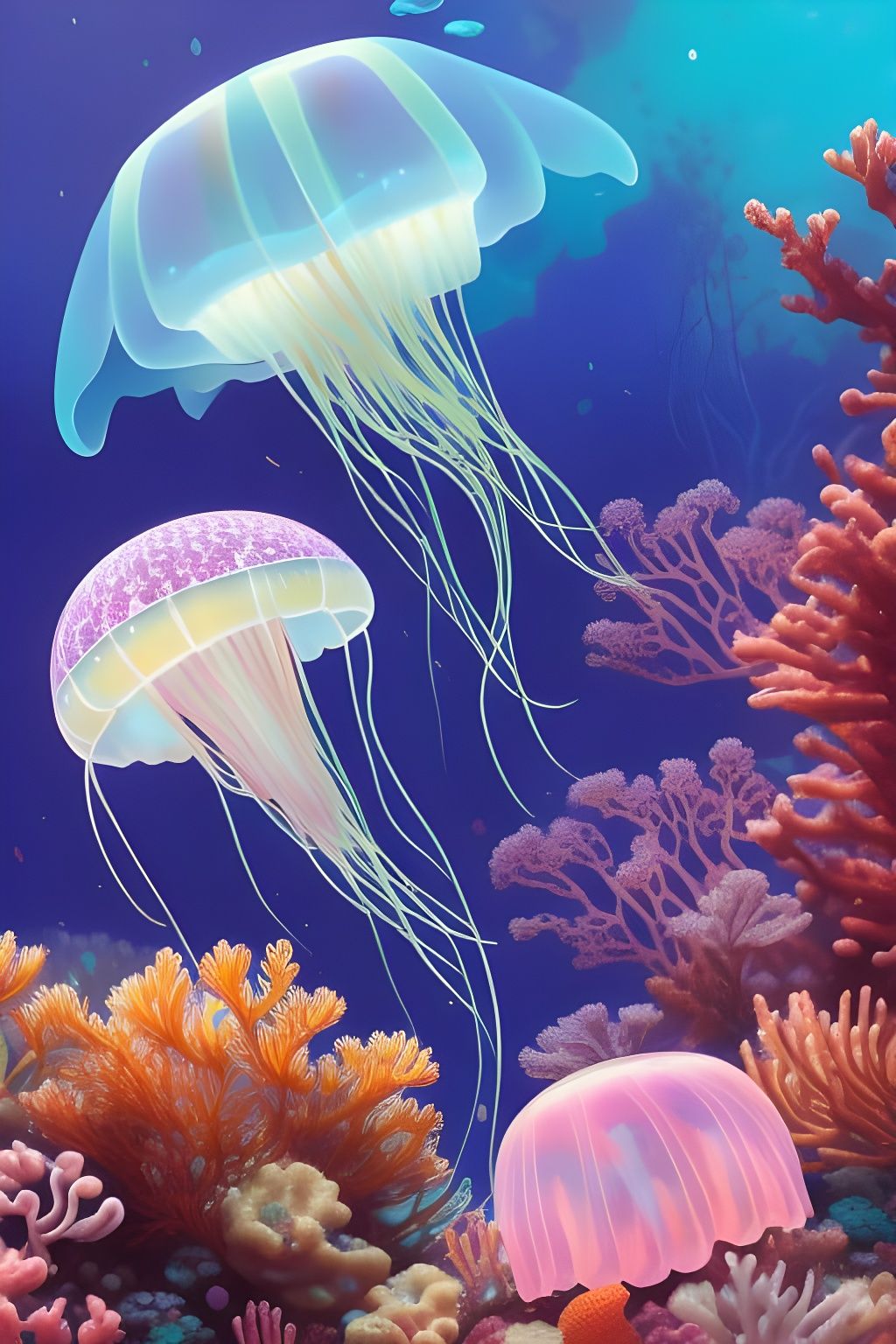 Cute Translucent Jellyfish Among Colorful Coral