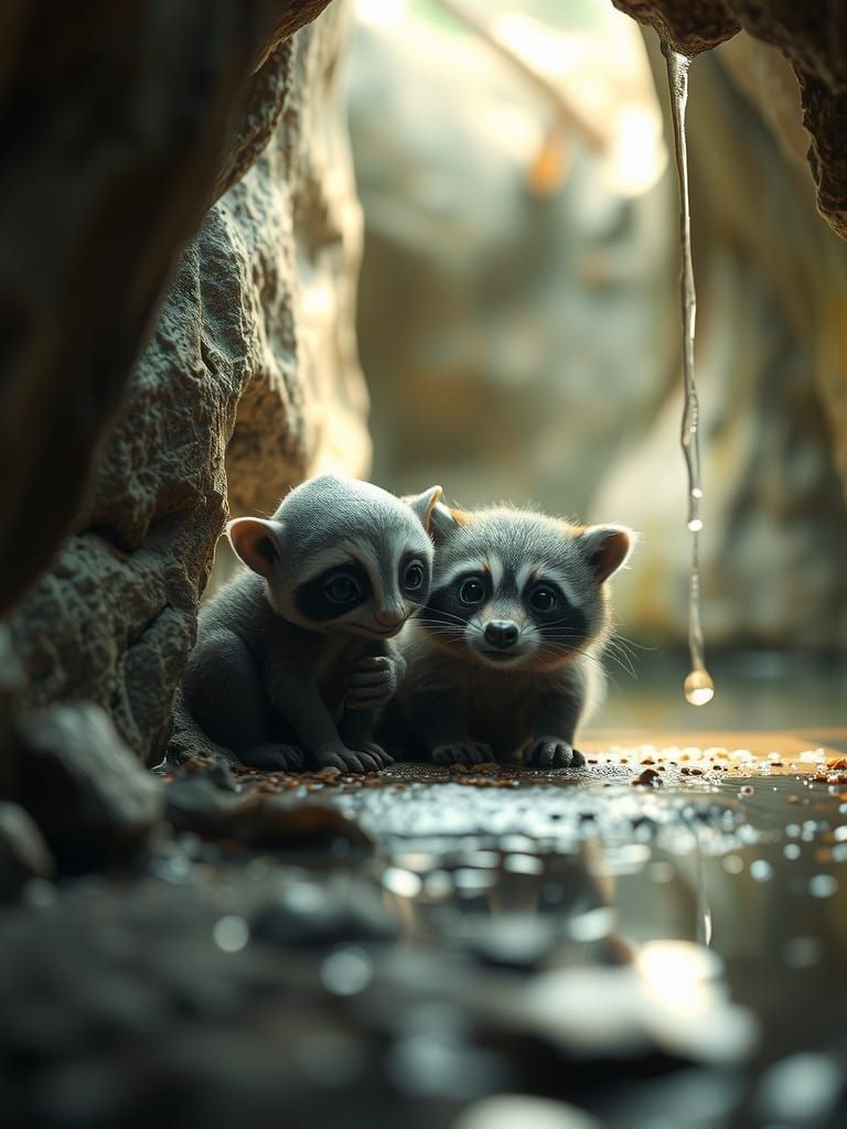 Gollum and Raccoon in Anime-Inspired Cave