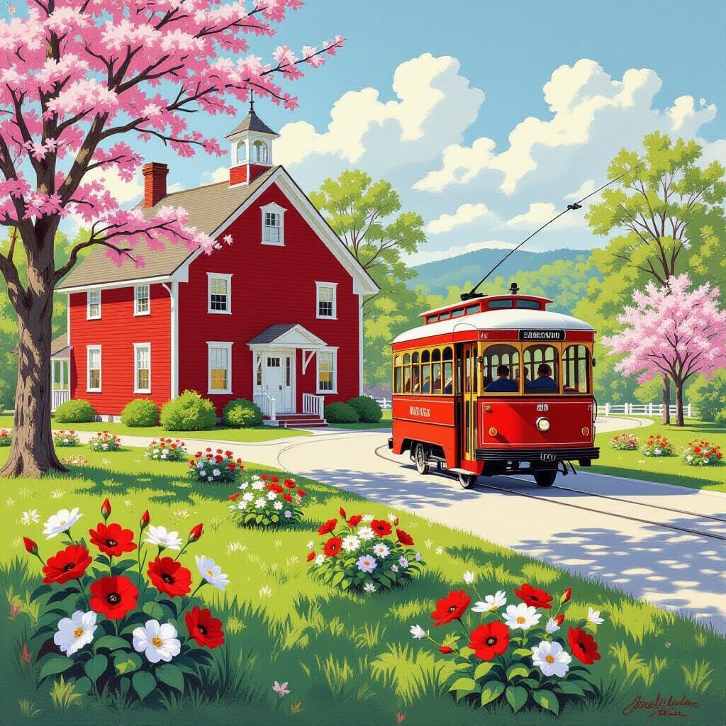 Nostalgic Schoolhouse Scene in Spring, Folk Art Style