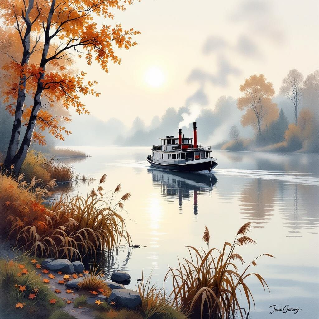 Autumn Foggy River Scene with Steamboat