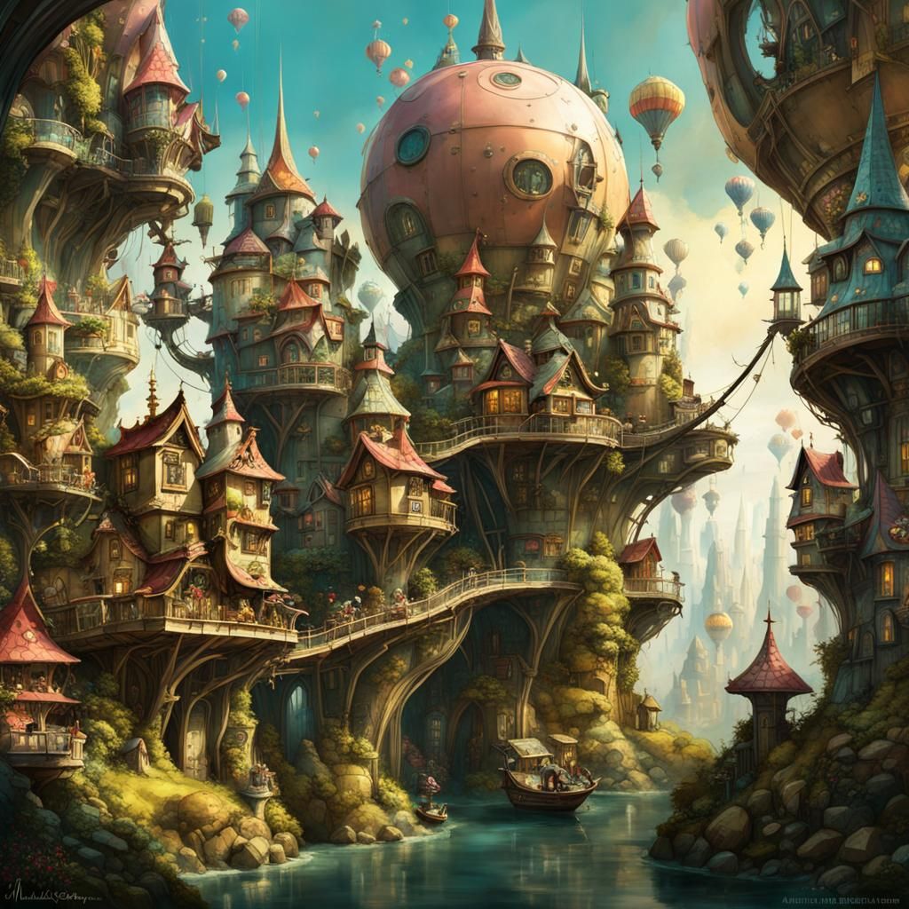 Futuristic Fairytale Village with Whimsical Architecture