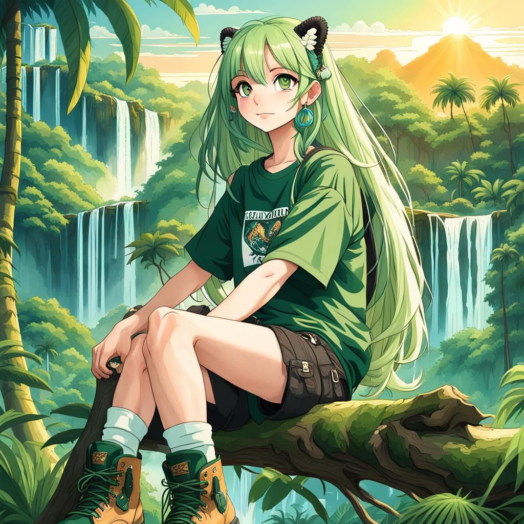 Anime Girl in Rainforest at Sunset