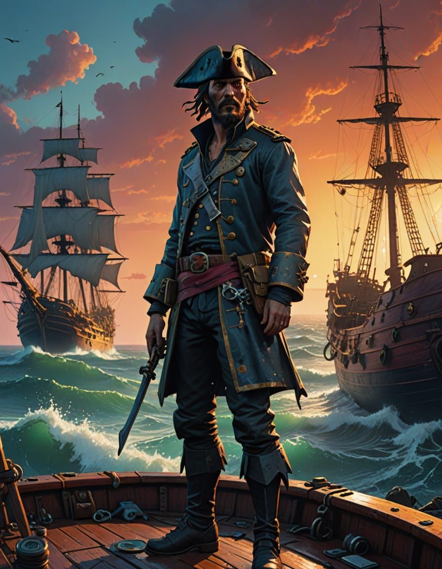 Pirate Embarks on Horizon, Sunset Background, Cinematic Text...
