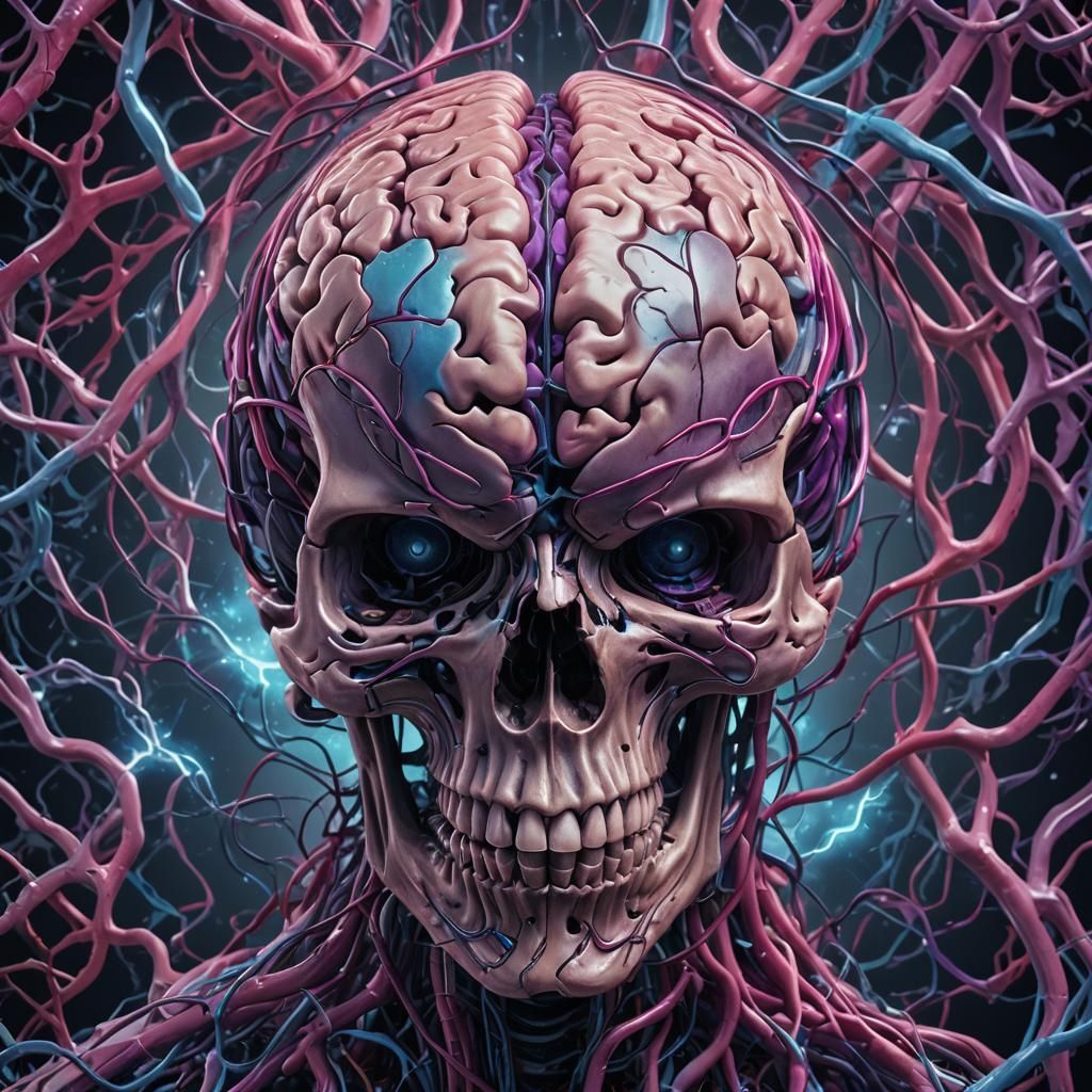 Hyper-Realistic Human Brain in Skull Illustration