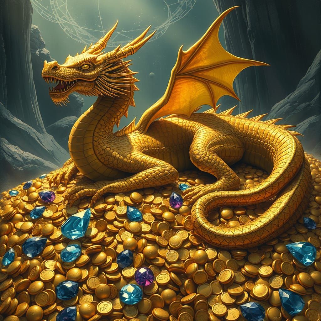 A golden dragon reclining on a vast treasure hoard