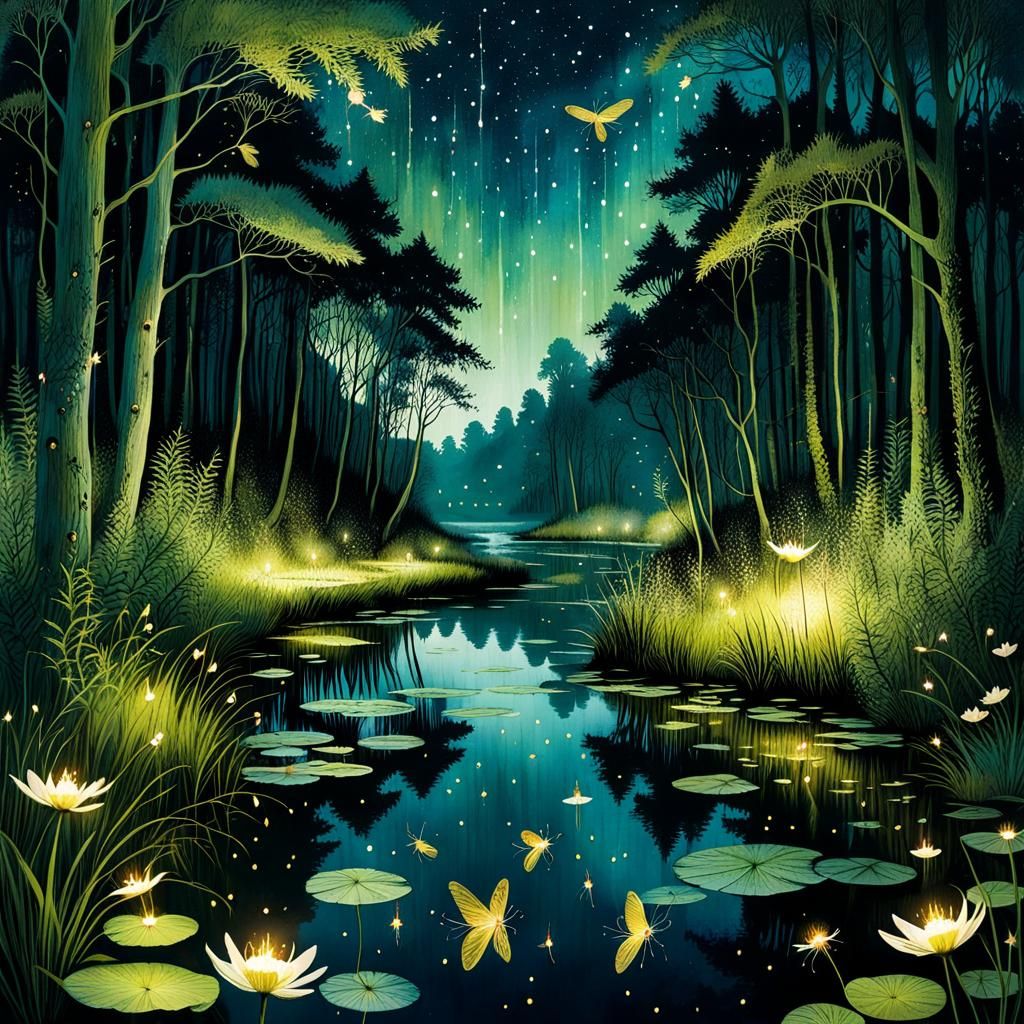 Enchanted Forest with Dancing Fireflies, Mixed Media Art