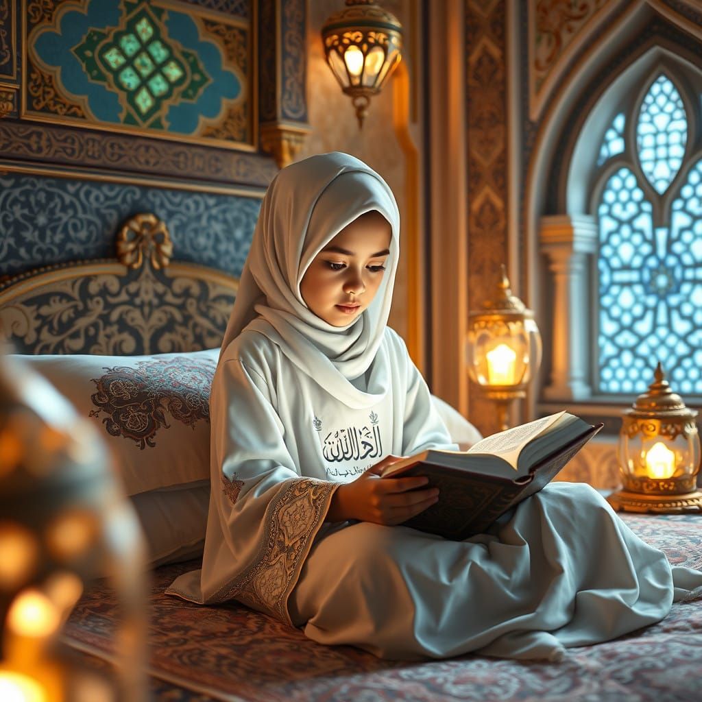 Girl in Serene Quranic Study in Traditional Middle Eastern S...