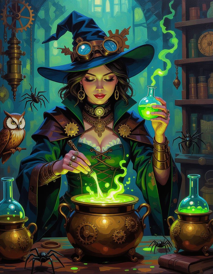 Steampunk Witch Brewing Potions in Neo-Impressionist Style