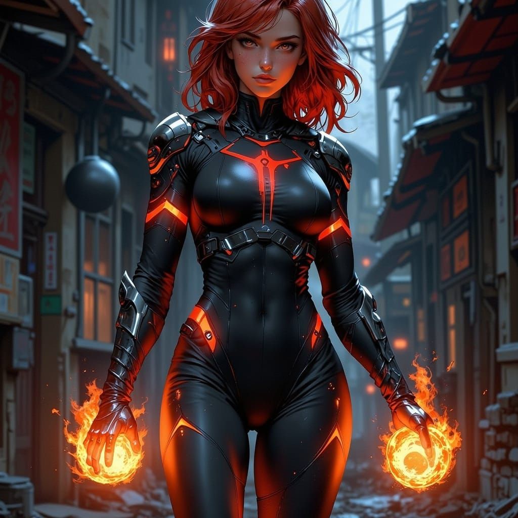 Woman Conjures Fire in Decayed Cityscape, Hyperrealistic Sty...