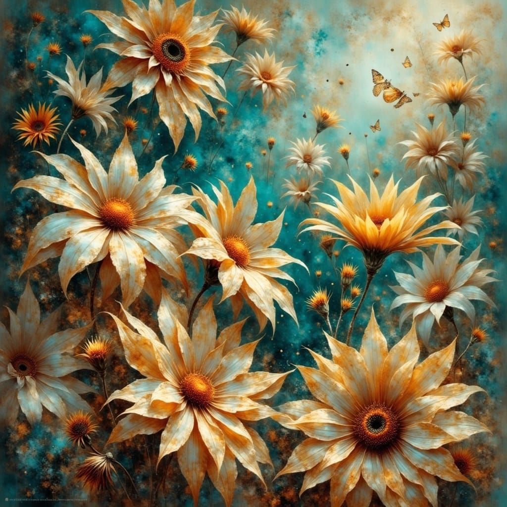 Intricate Gaillardia Painting with Gold Washes & Emerald Out...