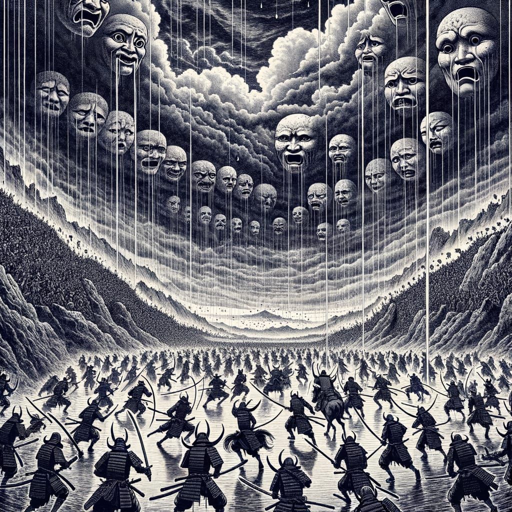 Samurai Battle in Valley with Demonic Sky