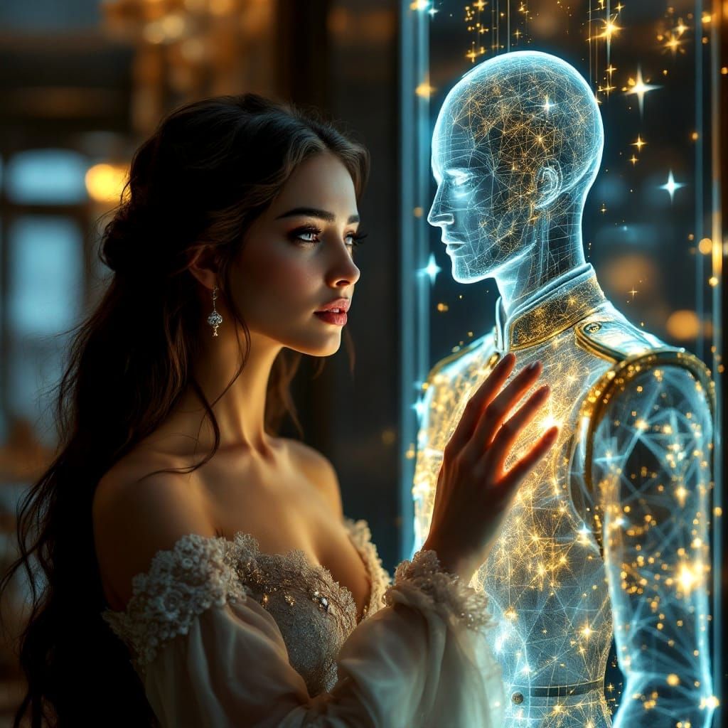 A Victorian Woman's Tender Moment with a Futuristic Hologram