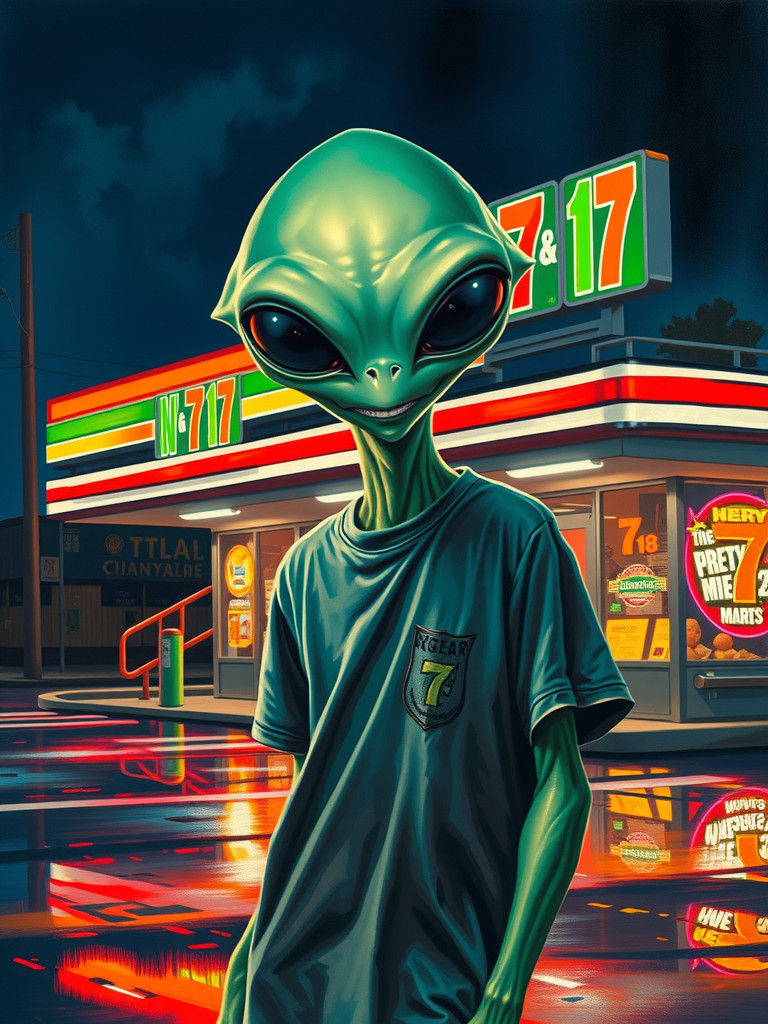 Emerald Alien at Gas Station in Atmospheric Oil Painting