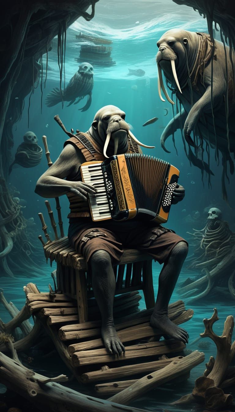 Walrus Pirate Bard and Sea Spirits in Oil and Ink