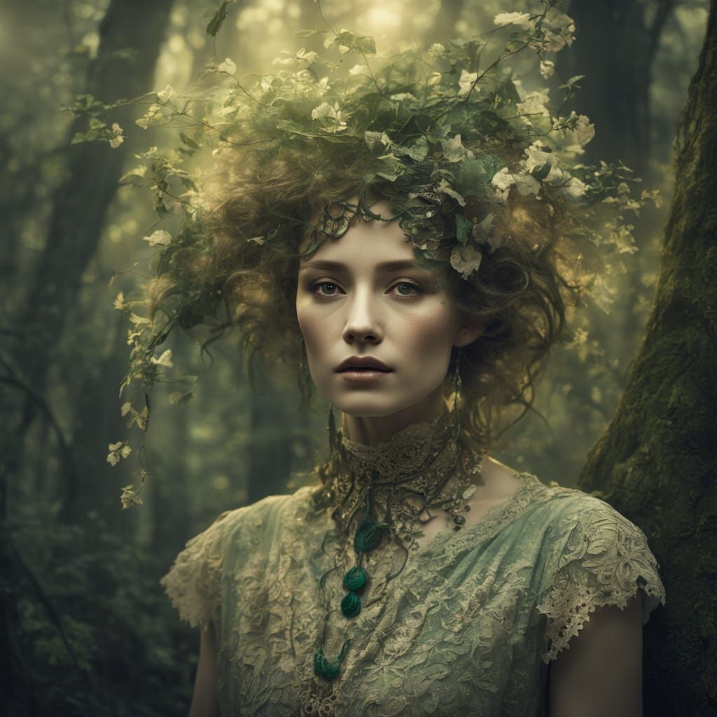 Mystical Forest Siren in Emerald Locks and Golden Light