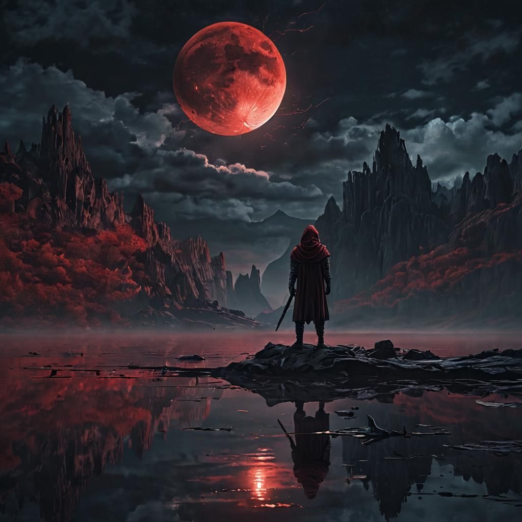 Eerie Hooded Figure Under Red Moon: Dark Fantasy Art