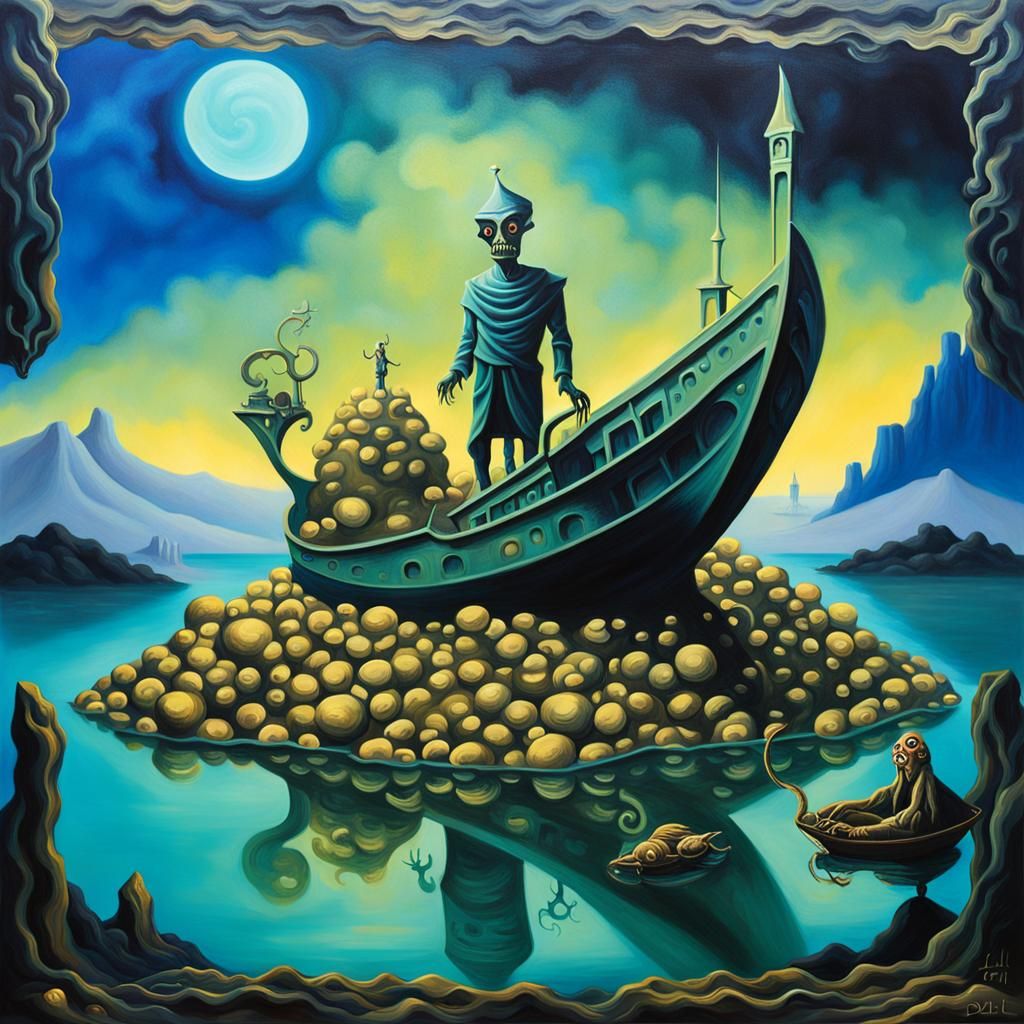 Goblin Grendel on Gold: Surrealist Oil Painting
